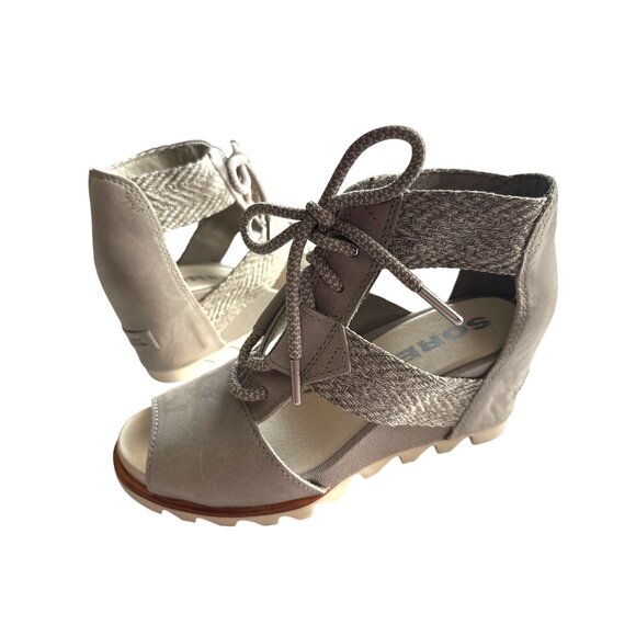 Sorel Joanie Lace Wedge Sandal Kettle Leather Waterproof Peep-Toe Gray Size 7 - Picture 1 of 9